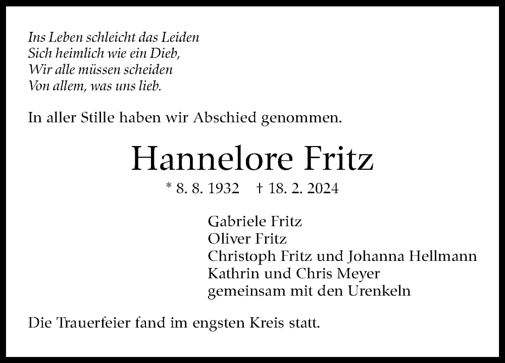  Traueranzeige für Hannelore Fritz vom 09.03.2024 aus Stuttgarter Zeitung / Stuttgarter Nachrichten