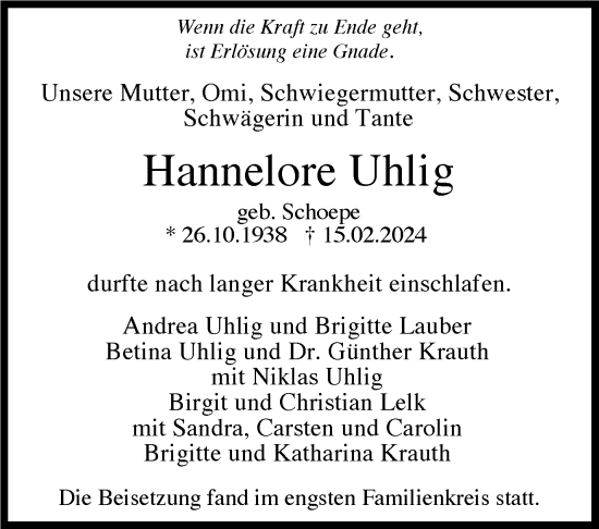 Traueranzeige von Hannelore Uhlig von Stuttgarter Zeitung / Stuttgarter Nachrichten