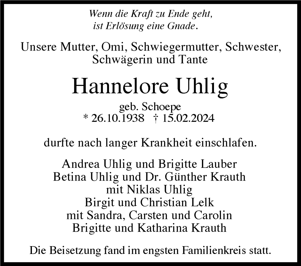  Traueranzeige für Hannelore Uhlig vom 06.03.2024 aus Stuttgarter Zeitung / Stuttgarter Nachrichten