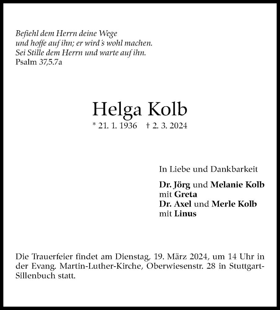 Traueranzeige für Helga Kolb vom 09.03.2024 aus Stuttgarter Zeitung / Stuttgarter Nachrichten