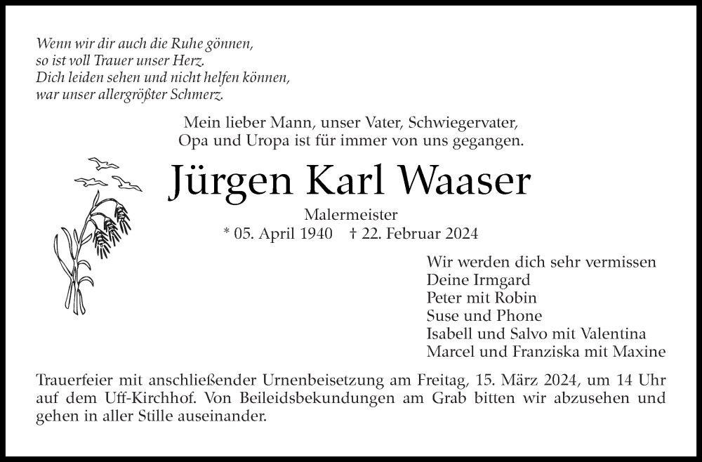  Traueranzeige für Jürgen Karl Waaser vom 07.03.2024 aus Stuttgarter Zeitung / Stuttgarter Nachrichten