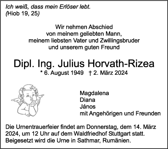 Traueranzeige von Julius Horvath-Rizea von Stuttgarter Zeitung / Stuttgarter Nachrichten