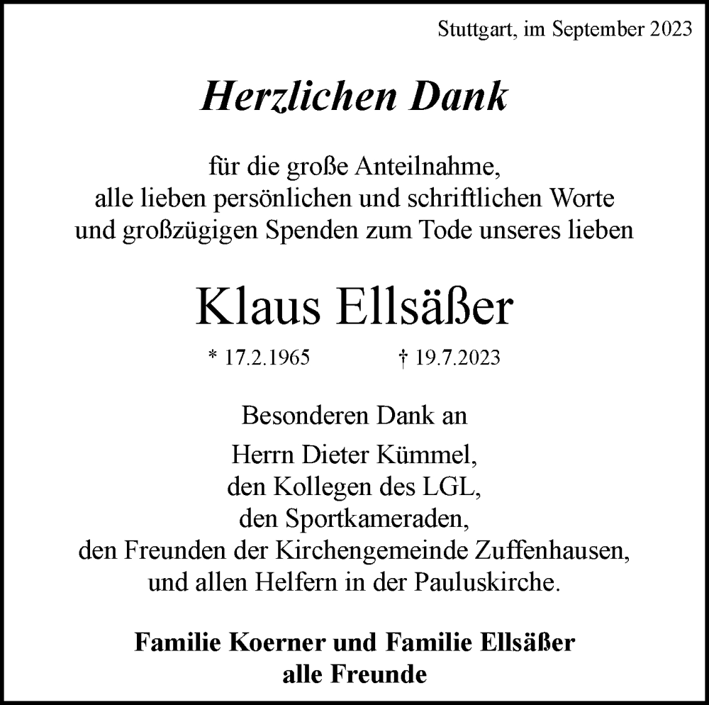  Traueranzeige für Klaus Ellsäßer vom 30.09.2023 aus Stuttgarter Zeitung / Stuttgarter Nachrichten
