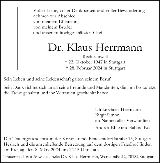 Traueranzeige von Klaus Herrmann von Stuttgarter Zeitung / Stuttgarter Nachrichten