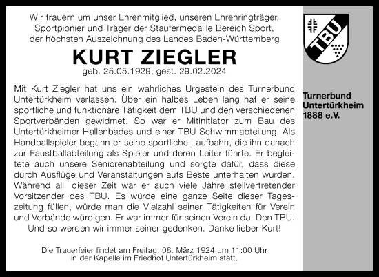 Traueranzeige von Kurt Ziegler von Stuttgarter Zeitung / Stuttgarter Nachrichten