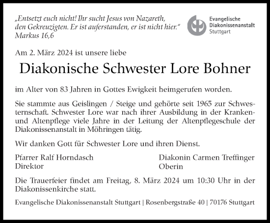 Traueranzeige von Lore Bohner von Stuttgarter Zeitung / Stuttgarter Nachrichten