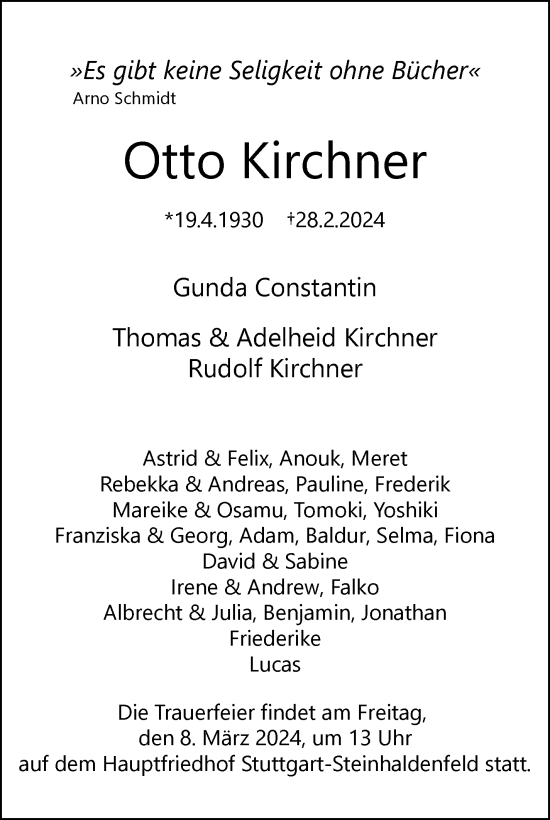 Traueranzeige von Otto Kirchner von Stuttgarter Zeitung / Stuttgarter Nachrichten