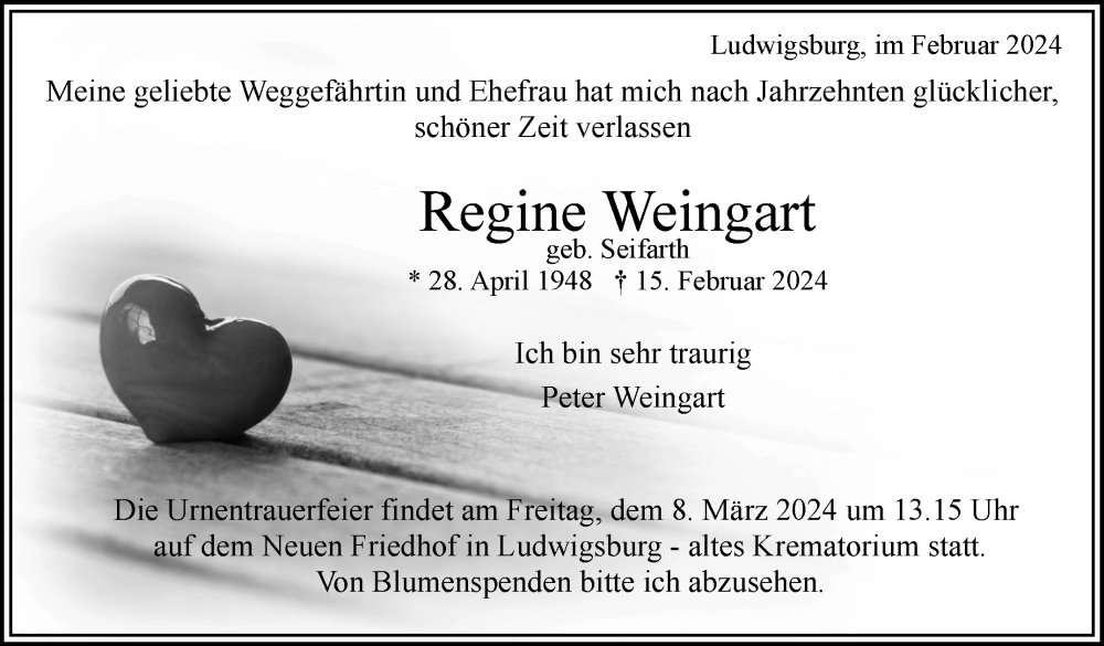  Traueranzeige für Regine Weingart vom 02.03.2024 aus Stuttgarter Zeitung / Stuttgarter Nachrichten