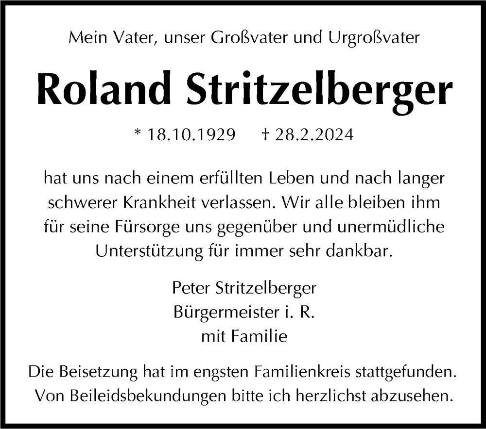  Traueranzeige für Roland Stritzelberger vom 09.03.2024 aus Stuttgarter Zeitung / Stuttgarter Nachrichten