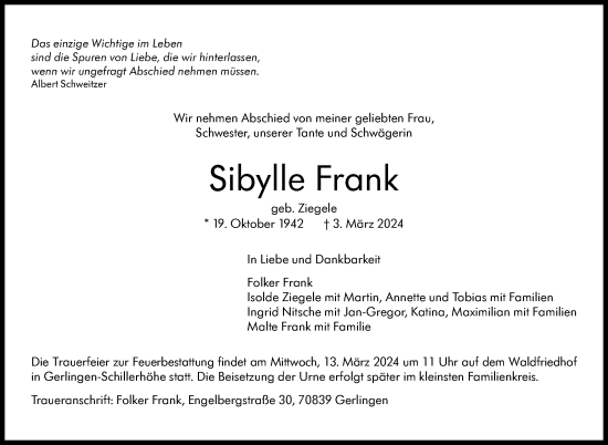 Traueranzeige von Sibylle Frank von Stuttgarter Zeitung / Stuttgarter Nachrichten