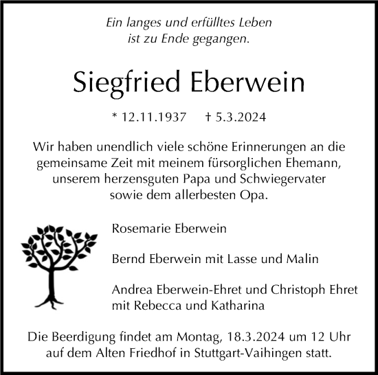 Traueranzeige von Siegfried Eberwein von Stuttgarter Zeitung / Stuttgarter Nachrichten