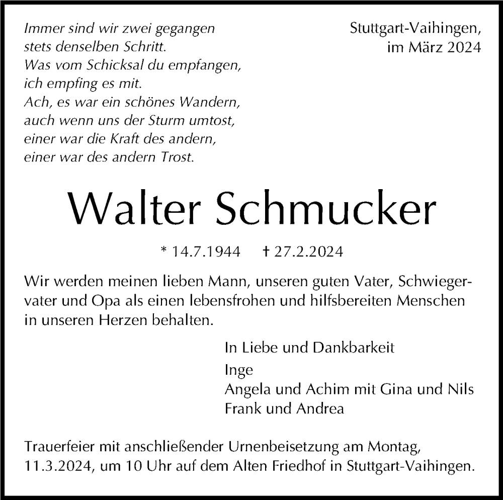  Traueranzeige für Walter Schmucker vom 02.03.2024 aus Stuttgarter Zeitung / Stuttgarter Nachrichten