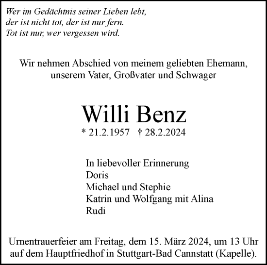 Traueranzeige von Willi Benz von Stuttgarter Zeitung / Stuttgarter Nachrichten