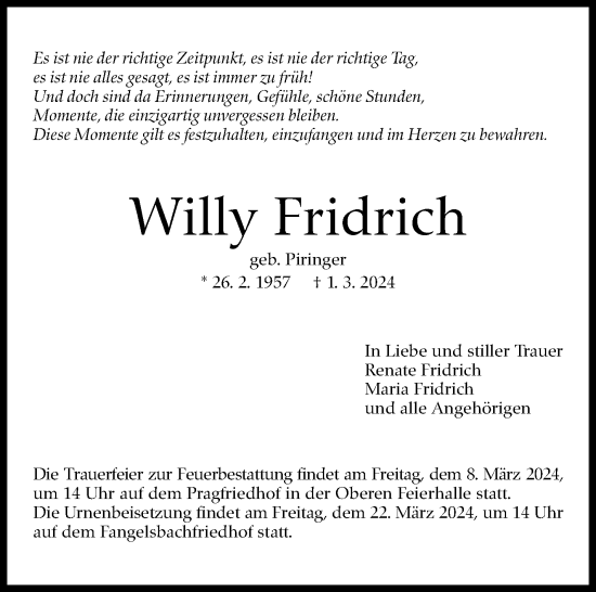Traueranzeige von Willy Fridrich von Stuttgarter Zeitung / Stuttgarter Nachrichten