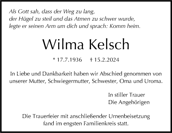 Traueranzeige von Wilma Kelsch von Stuttgarter Zeitung / Stuttgarter Nachrichten