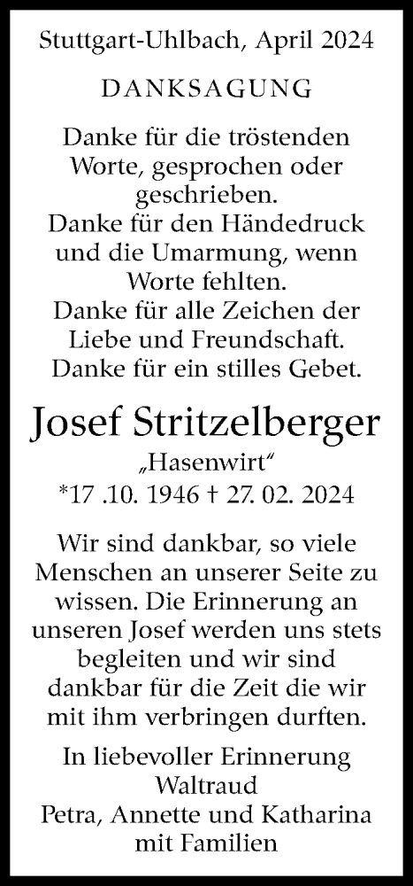 Traueranzeige von Josef Stritzelberger von Stuttgarter Zeitung / Stuttgarter Nachrichten