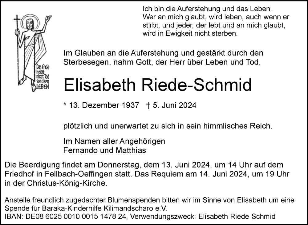  Traueranzeige für Elisabeth Riede-Schmid vom 11.06.2024 aus Stuttgarter Zeitung / Stuttgarter Nachrichten