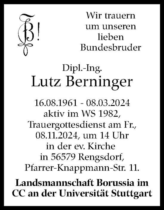 Traueranzeige von Lutz Berninger von Stuttgarter Zeitung / Stuttgarter Nachrichten
