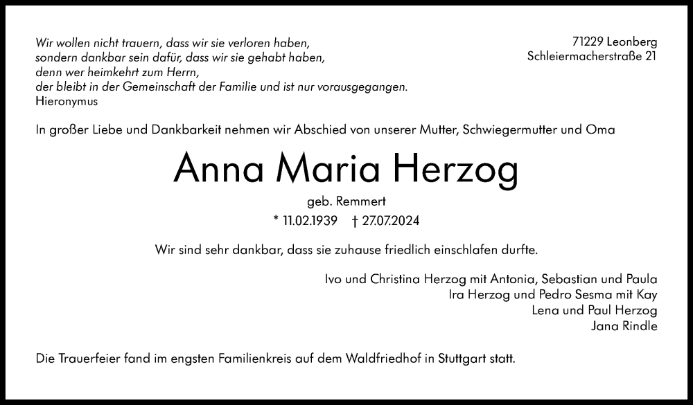  Traueranzeige für Anna Maria Herzog vom 10.08.2024 aus Stuttgarter Zeitung / Stuttgarter Nachrichten