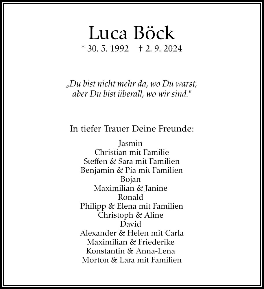  Traueranzeige für Luca Böck vom 21.09.2024 aus Stuttgarter Zeitung / Stuttgarter Nachrichten
