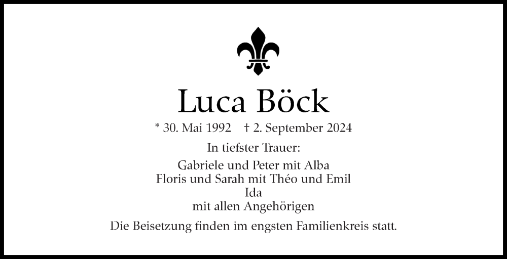  Traueranzeige für Luca Böck vom 14.09.2024 aus Stuttgarter Zeitung / Stuttgarter Nachrichten