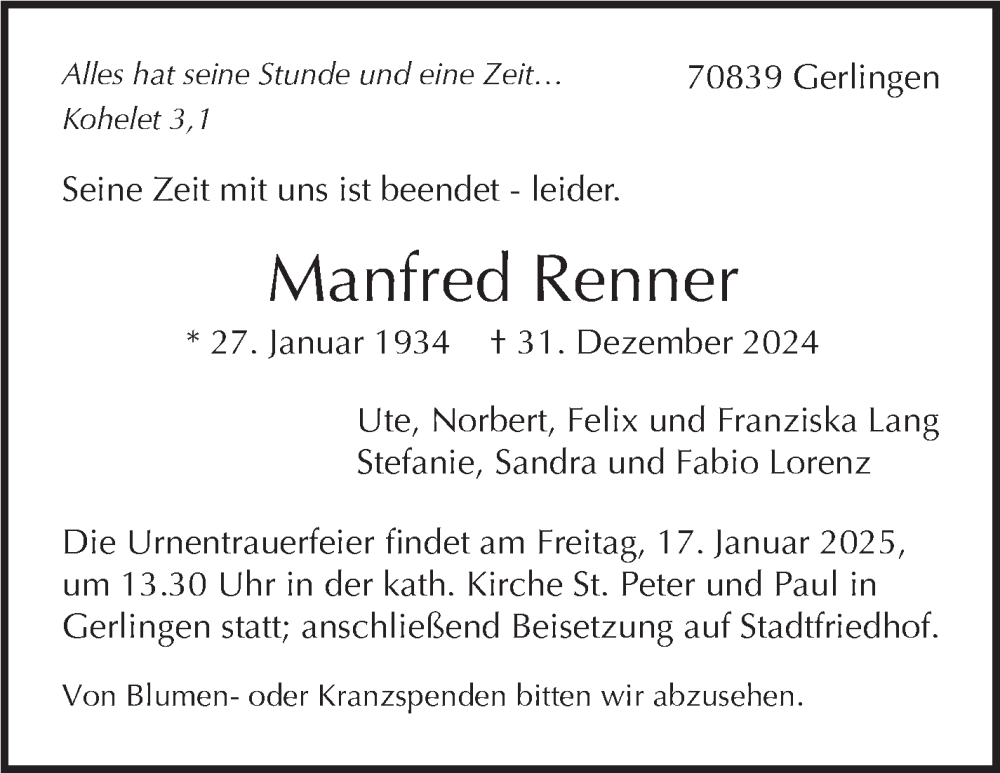  Traueranzeige für Manfred Renner vom 11.01.2025 aus Stuttgarter Zeitung / Stuttgarter Nachrichten
