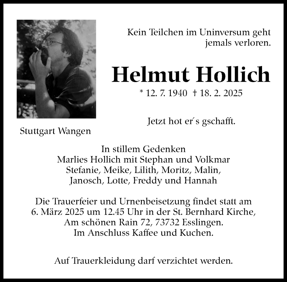  Traueranzeige für Helmut Hollich vom 27.02.2025 aus Stuttgarter Zeitung / Stuttgarter Nachrichten