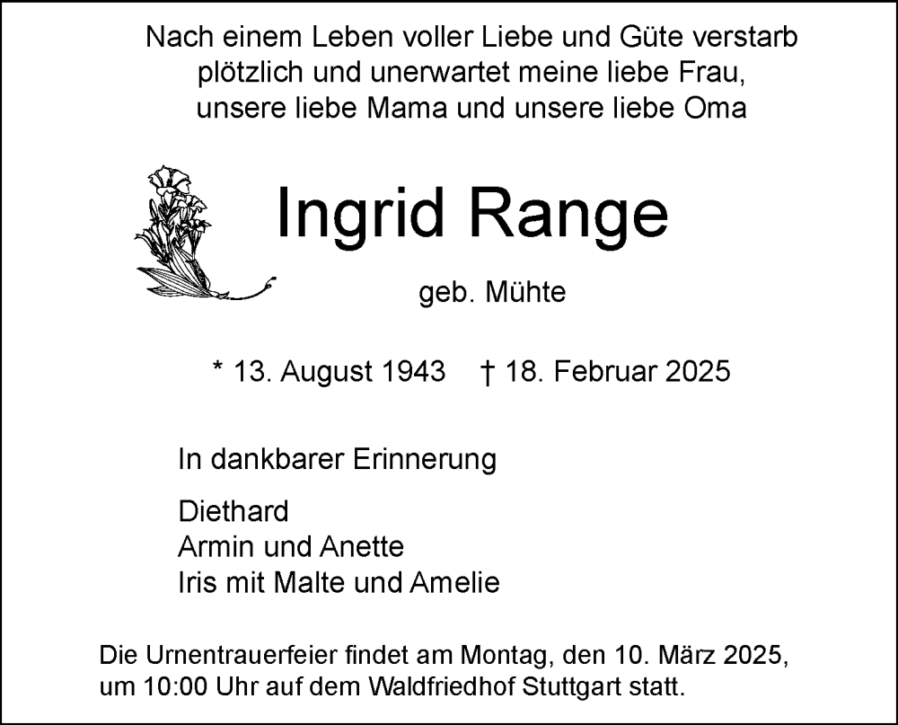  Traueranzeige für Ingrid Range vom 25.02.2025 aus Stuttgarter Zeitung / Stuttgarter Nachrichten