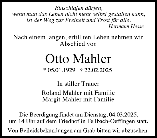 Traueranzeige von Otto Mahler von Stuttgarter Zeitung / Stuttgarter Nachrichten