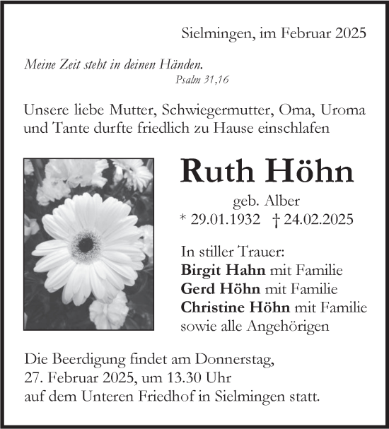 Traueranzeige von Ruth Höhn von Stuttgarter Zeitung / Stuttgarter Nachrichten