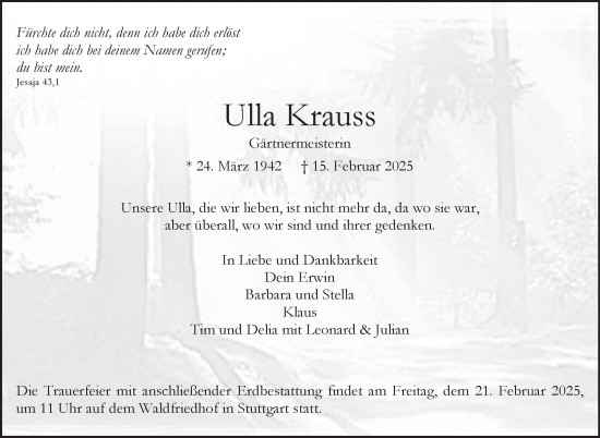 Traueranzeige von Ulla Krauss von Stuttgarter Zeitung / Stuttgarter Nachrichten