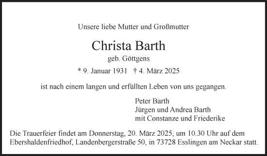 Traueranzeige von Christa Barth von Stuttgarter Zeitung / Stuttgarter Nachrichten