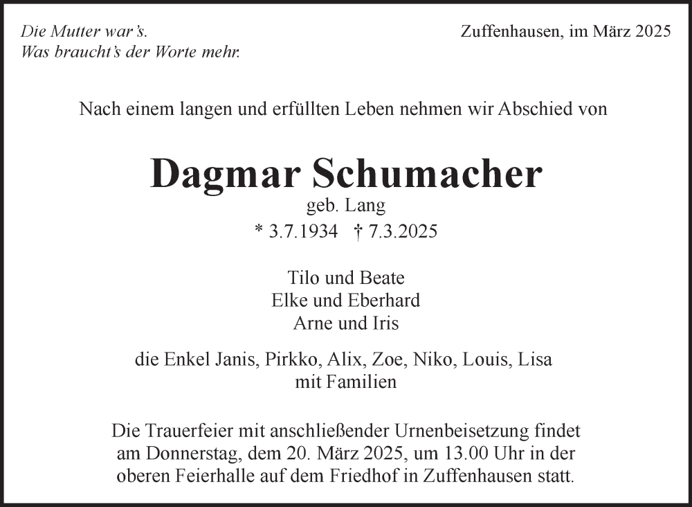  Traueranzeige für Dagmar Schumacher vom 15.03.2025 aus Stuttgarter Zeitung / Stuttgarter Nachrichten