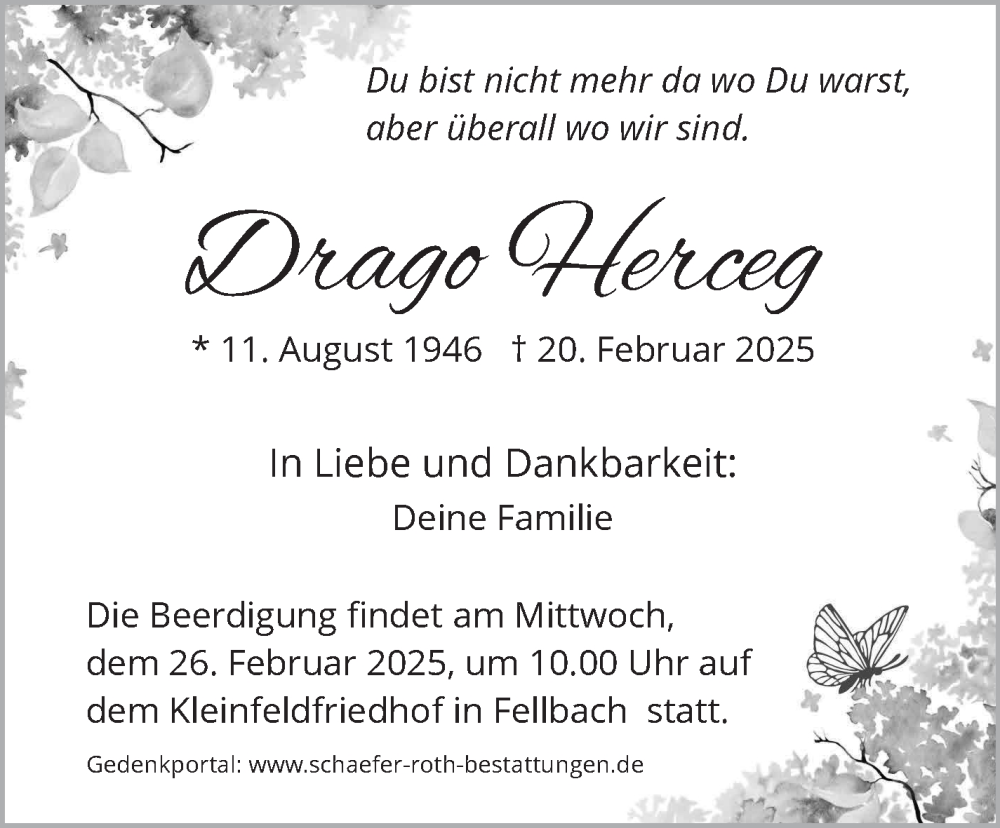  Traueranzeige für Drago Herceg vom 25.02.2025 aus Stuttgarter Zeitung / Stuttgarter Nachrichten