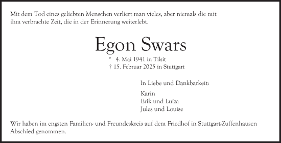 Traueranzeige von Egon Swars von Stuttgarter Zeitung / Stuttgarter Nachrichten