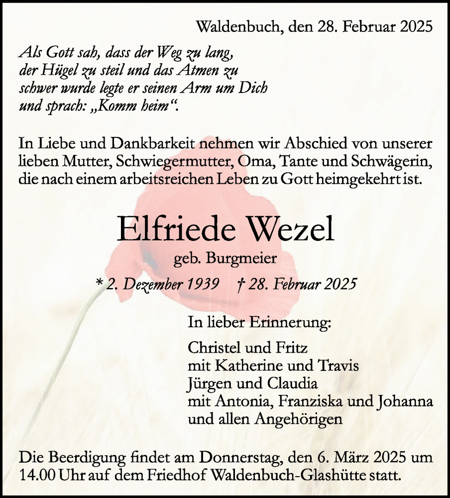  Traueranzeige für Elfriede Wezel vom 05.03.2025 aus Stuttgarter Zeitung / Stuttgarter Nachrichten