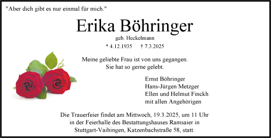 Traueranzeige von Erika Böhringer von Stuttgarter Zeitung / Stuttgarter Nachrichten