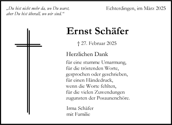 Traueranzeige von Ernst Schäfer von Stuttgarter Zeitung / Stuttgarter Nachrichten