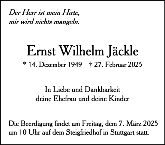 Traueranzeige von Ernst Wilhelm Jäckle von Stuttgarter Zeitung / Stuttgarter Nachrichten