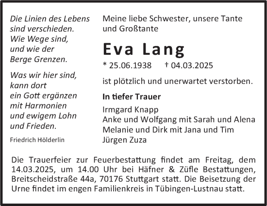 Traueranzeige von Eva Lang von Stuttgarter Zeitung / Stuttgarter Nachrichten