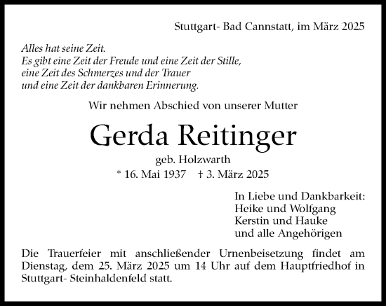 Traueranzeige von Gerda Reitinger von Stuttgarter Zeitung / Stuttgarter Nachrichten
