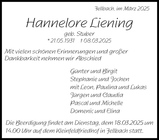 Traueranzeige von Hannelore Liening von Stuttgarter Zeitung / Stuttgarter Nachrichten