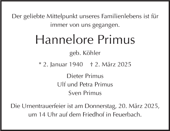 Traueranzeige von Hannelore Primus von Stuttgarter Zeitung / Stuttgarter Nachrichten