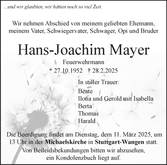 Traueranzeige von Hans-Joachim Mayer von Stuttgarter Zeitung / Stuttgarter Nachrichten