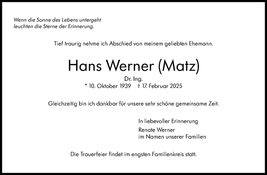 Traueranzeige von Hans Werner von Stuttgarter Zeitung / Stuttgarter Nachrichten