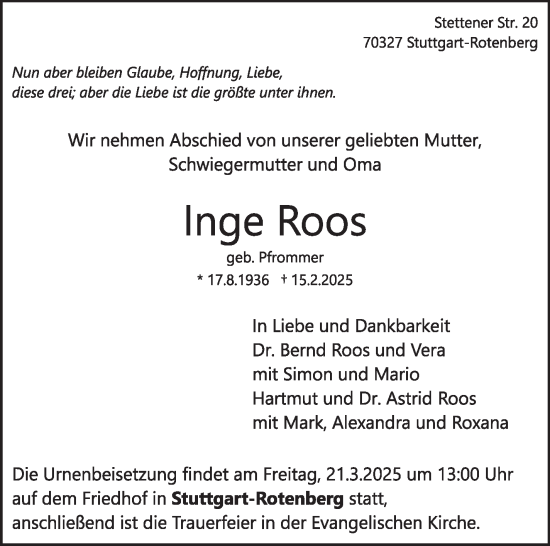 Traueranzeige von Inge Roos von Stuttgarter Zeitung / Stuttgarter Nachrichten