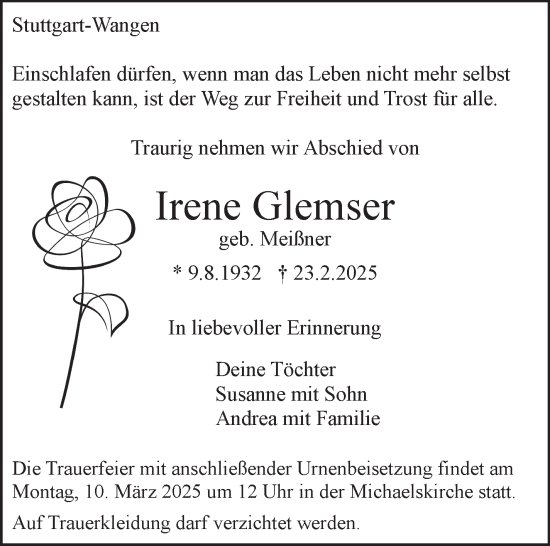 Traueranzeige von Irene Glemser von Stuttgarter Zeitung / Stuttgarter Nachrichten