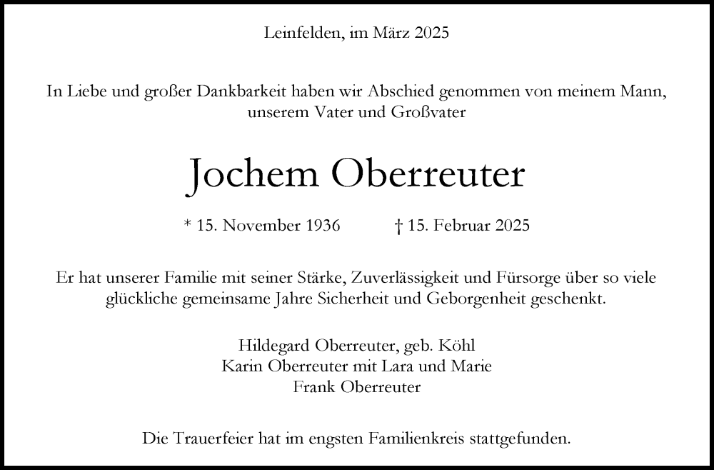  Traueranzeige für Jochem Oberreuter vom 08.03.2025 aus Stuttgarter Zeitung / Stuttgarter Nachrichten
