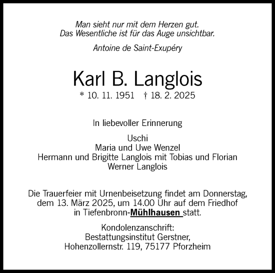 Traueranzeige von Karl B. Langlois von Stuttgarter Zeitung / Stuttgarter Nachrichten