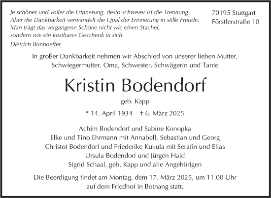Traueranzeige von Kristin Bodendorf von Stuttgarter Zeitung / Stuttgarter Nachrichten